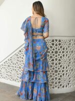 Lavanya The Label Blue & Brown Floral Printed Ruffled Ready To Wear Saree - Image 4