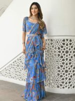 Lavanya The Label Blue & Brown Floral Printed Ruffled Ready To Wear Saree - Image 5