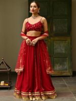 Lavanya The Label Maroon & Gold-Toned Embroidered Thread Work Ready to Wear Lehenga & Blouse With Dupatta