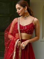 Lavanya The Label Maroon & Gold-Toned Embroidered Thread Work Ready to Wear Lehenga & Blouse With Dupatta - Image 2