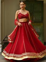 Lavanya The Label Maroon & Gold-Toned Embroidered Thread Work Ready to Wear Lehenga & Blouse With Dupatta - Image 3