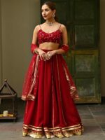 Lavanya The Label Maroon & Gold-Toned Embroidered Thread Work Ready to Wear Lehenga & Blouse With Dupatta - Image 5