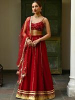 Lavanya The Label Maroon & Gold-Toned Embroidered Thread Work Ready to Wear Lehenga & Blouse With Dupatta - Image 7