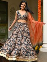 Lavanya The Label Navy Blue & Brown Printed Ready to Wear Lehenga & Blouse With Dupatta