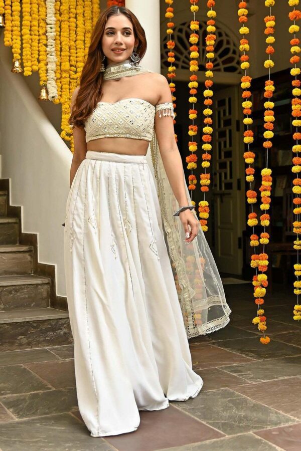 Lavanya The Label Off White & Gold-Toned Embellished Mirror Work Ready to Wear Lehenga & Blouse With Dupatta