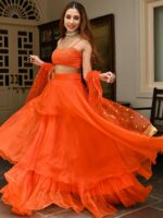 Lavanya The Label Orange & Gold-Toned Embroidered Thread Work Ready to Wear Lehenga & Blouse With Dupatta - Image 4