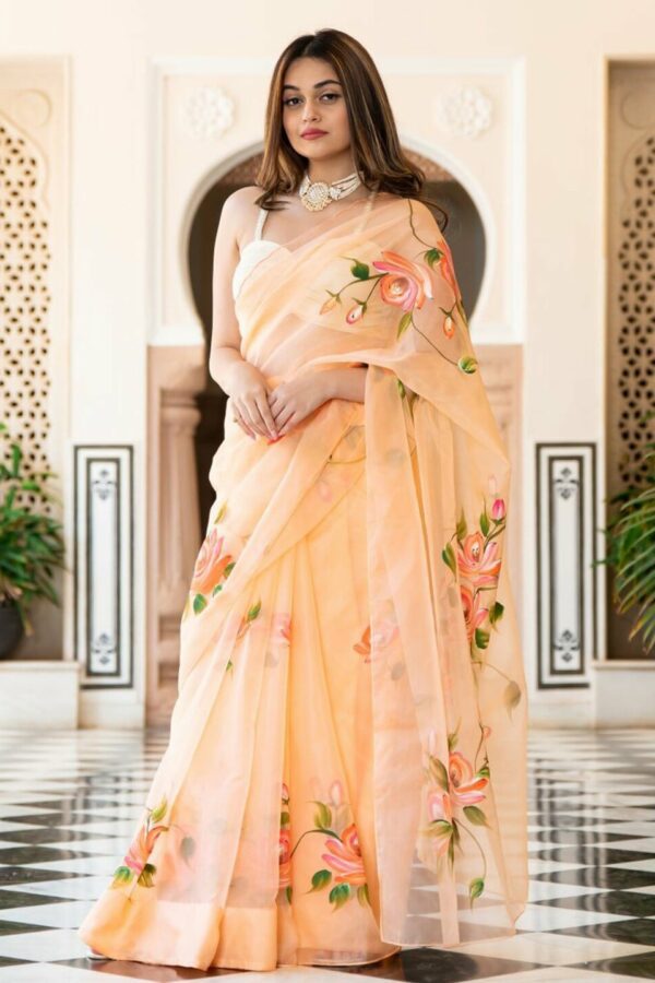 Lavanya The Label Peach-Coloured & Orange Floral Organza Saree