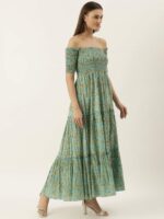 Lavanya The Label Women Blue Pure Cotton Floral Print Off-Shoulder Tiered Maxi Dress - Image 4