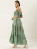 Lavanya The Label Women Blue Pure Cotton Floral Print Off-Shoulder Tiered Maxi Dress - Image 5