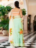 Lavanya The Label Women Green & Orange Floral Organza Saree - Image 3