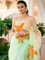Lavanya The Label Women Green & Orange Floral Organza Saree - Image 4