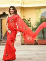 Red Organza Hand painted Saree