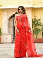 Red Organza Hand painted Saree - Image 3