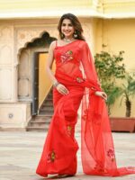 Red Organza Hand painted Saree - Image 5