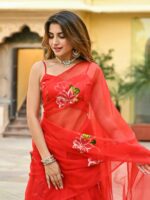 Red Organza Hand painted Saree - Image 8
