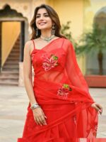 Red Organza Hand painted Saree - Image 9