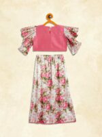 Girl's Pink Printed Skirt And Ruffle Sleeves Crop Top Set - Image 3