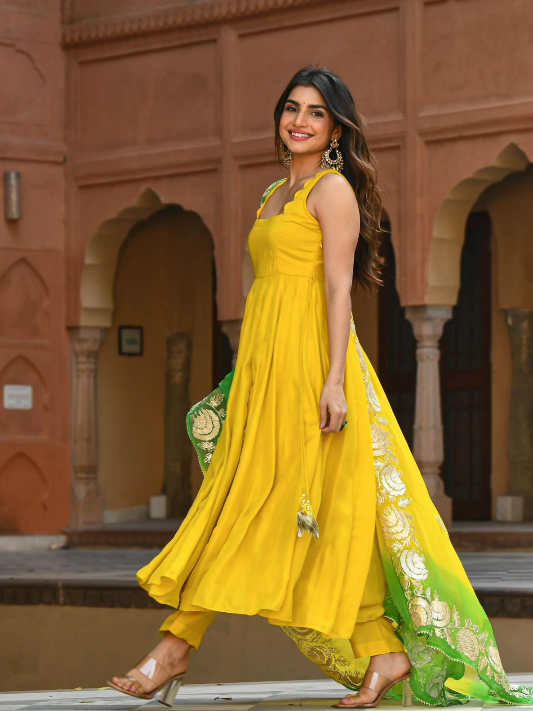 Women Green & Mustard Yellow Solid Maxi Dress With Attached Dupatta