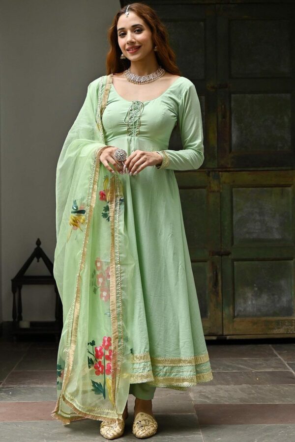 Lavanya The Label Women Floral Embroidered Layered Kurta with Trousers & With Dupatta