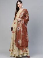 Ahalyaa Women Beige & Red Floral Printed Anarkali Kurta with Dupatta - Image 6