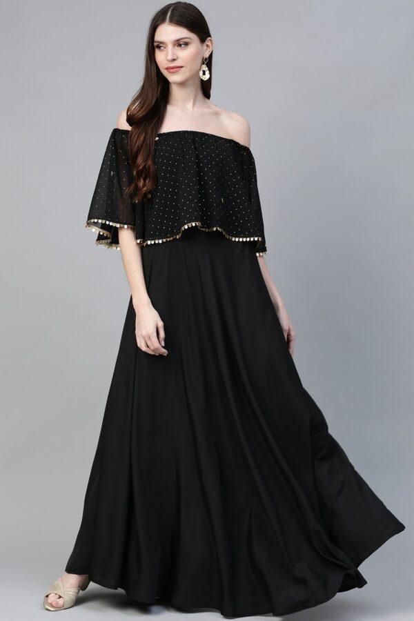 Ahalyaa Women Black & Golden Foil Printed Detail Off-Shoulder Layered Maxi Dress