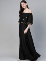 Ahalyaa Women Black & Golden Foil Printed Detail Off-Shoulder Layered Maxi Dress - Image 3