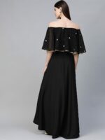 Ahalyaa Women Black & Golden Foil Printed Detail Off-Shoulder Layered Maxi Dress - Image 4