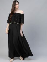 Ahalyaa Women Black & Golden Foil Printed Detail Off-Shoulder Layered Maxi Dress - Image 5
