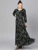 Ahalyaa Women Black & Green Printed Maxi Dress with Dupatta - Image 4