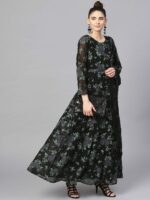 Ahalyaa Women Black & Green Printed Maxi Dress with Dupatta - Image 6