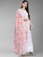 Ahalyaa Women Blue Pink Floral Printed Anarkali Dress with Dupatta - Image 4