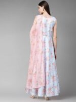 Ahalyaa Women Blue Pink Floral Printed Anarkali Dress with Dupatta - Image 5