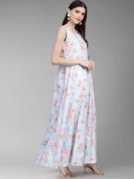 Ahalyaa Women Blue Pink Floral Printed Anarkali Dress with Dupatta - Image 6