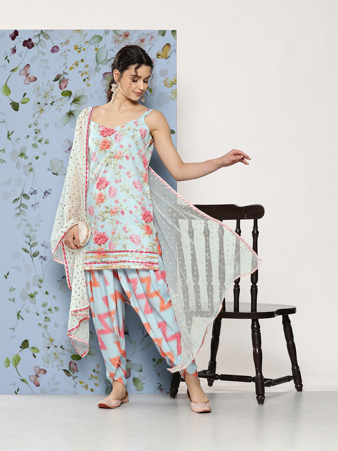 Women Colorful Foral Cotton Kurti with Pant