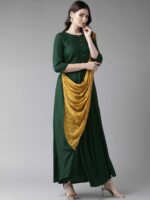 Ahalyaa Women Green & Mustard Yellow Solid Maxi Dress With Attached Dupatta - Image 3