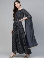Ahalyaa Women Navy Blue & Golden Foil Printed Maxi Dress With Attached Dupatta - Image 3
