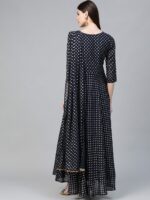 Ahalyaa Women Navy Blue & Golden Foil Printed Maxi Dress With Attached Dupatta - Image 4
