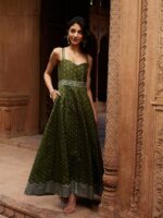 Ahalyaa Women Tranquil Olive Ethnic Motifs New Neckline Dress