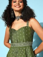 Ahalyaa Women Tranquil Olive Ethnic Motifs New Neckline Dress - Image 3
