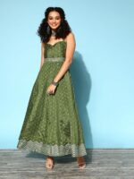 Ahalyaa Women Tranquil Olive Ethnic Motifs New Neckline Dress - Image 4