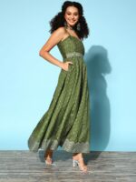 Ahalyaa Women Tranquil Olive Ethnic Motifs New Neckline Dress - Image 5