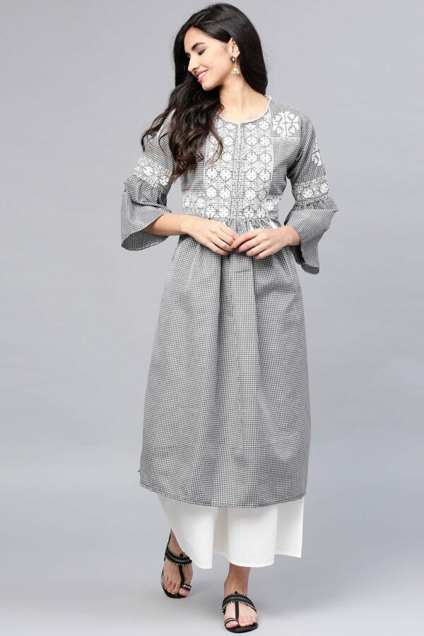 Bhama Couture Women Grey Pleated Thread Work Kurta with Palazzos