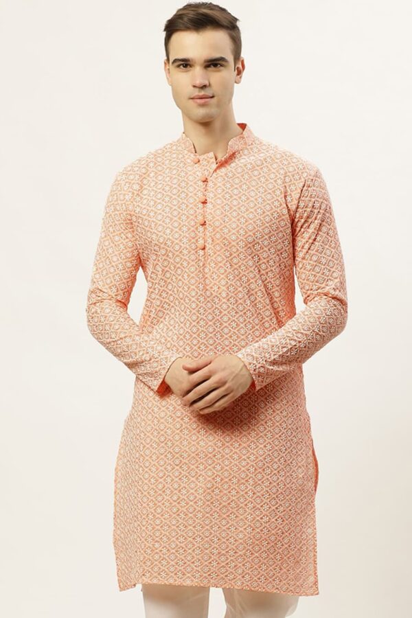 Jompers Men Orange Pure Cotton Floral Embroidered Straight Kurta