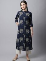 Pistaa Women Navy Blue Floral Printed Floral Kurta - Image 3