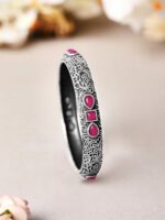 Rubans Oxidized Silver-Plated & Pink Stone-Studded Handcrafted Filgree Bangle