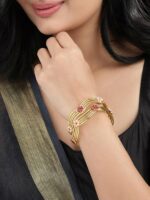 Rubans Set of 2 24 K Gold-Plated Pink & Green Stone & Pearl Beaded Handcrafted Bangles