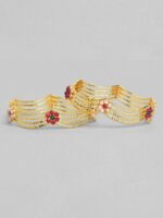 Rubans Set of 2 24 K Gold-Plated Pink & Green Stone & Pearl Beaded Handcrafted Bangles - Image 2