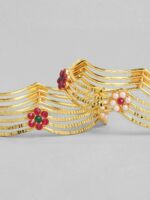 Rubans Set of 2 24 K Gold-Plated Pink & Green Stone & Pearl Beaded Handcrafted Bangles - Image 4