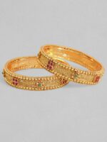 Rubans Set of 2 24K Gold-Plated Red & Green Ruby Stone-Studded Filigree Handcrafted Bangles - Image 3