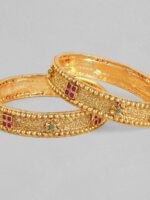 Rubans Set of 2 24K Gold-Plated Red & Green Ruby Stone-Studded Filigree Handcrafted Bangles - Image 5